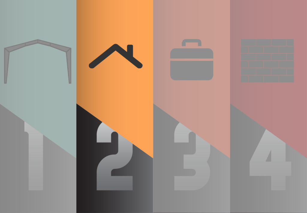 Steel building construction process infographic with four steps