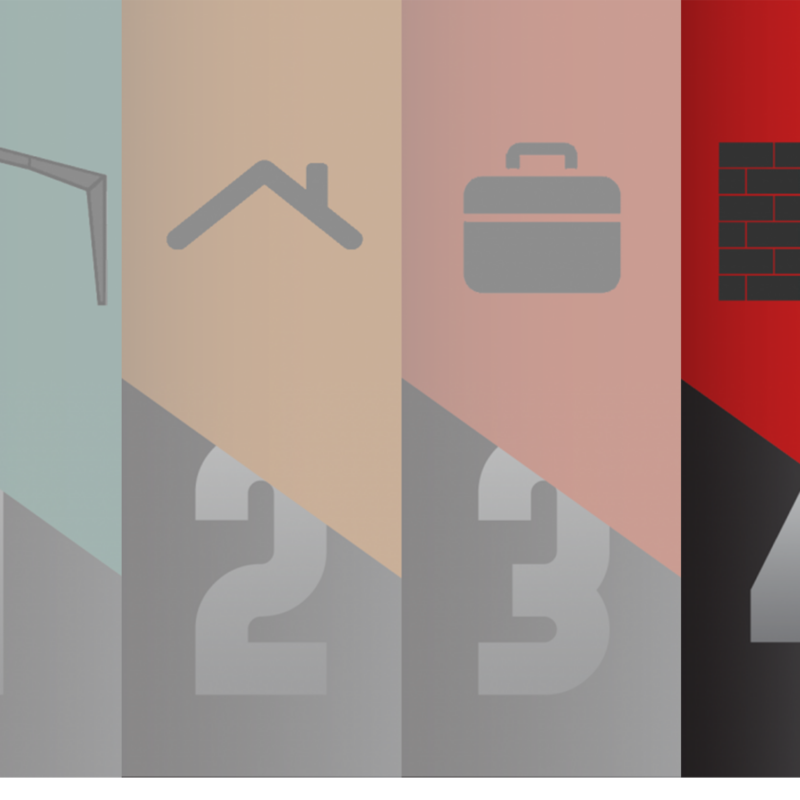 Four-panel metal building infographic with icons and numbers 1 to 4