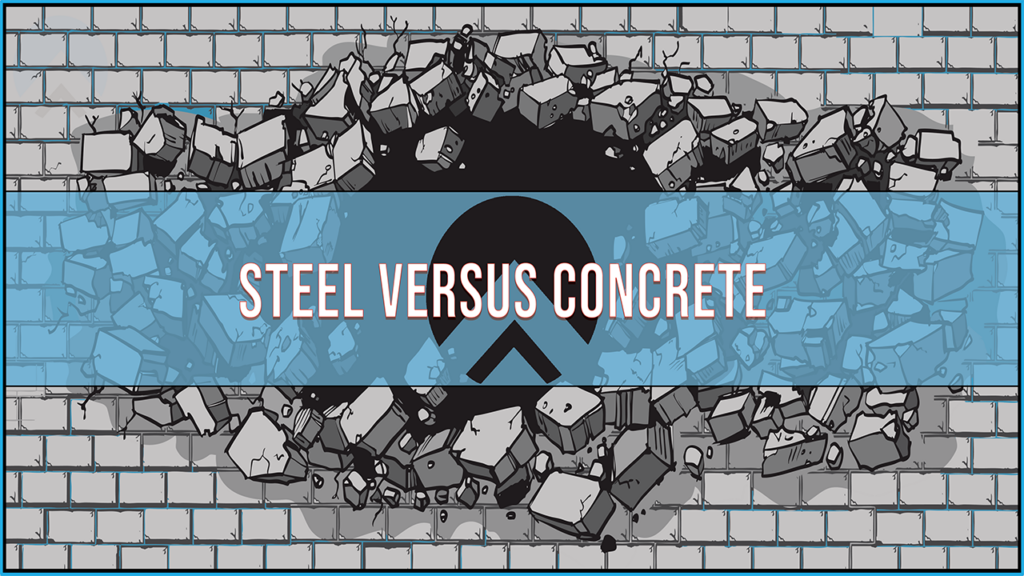 Steel versus concrete comparison graphic with cracked wall effect