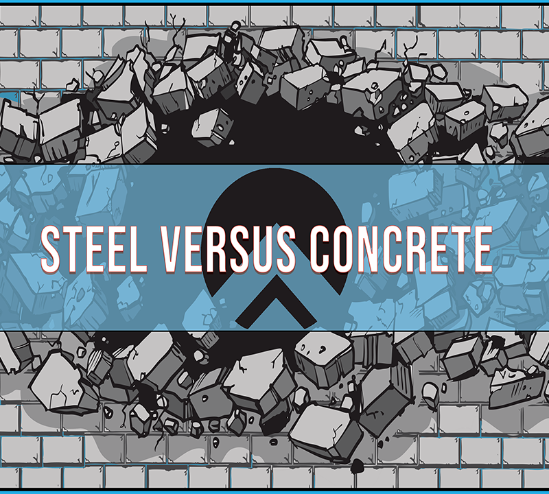 Steel versus concrete comparison graphic with cracked wall effect