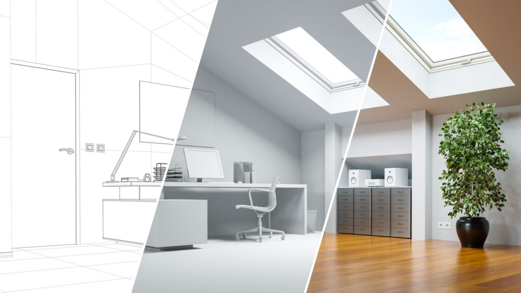 Modern metal building office interior with skylights and hardwood floors