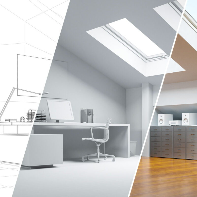 Modern metal building office interior with skylights and hardwood floors