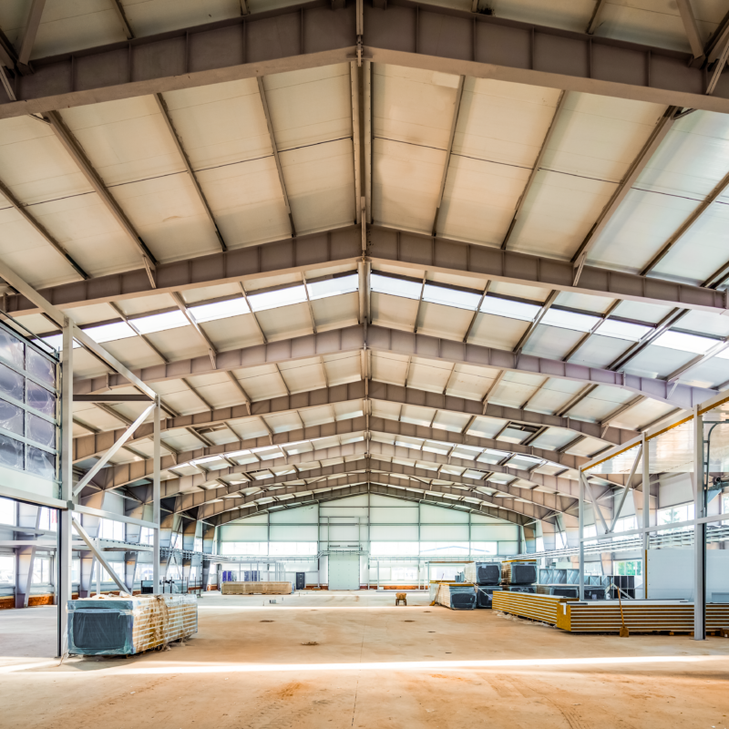 Interior of large steel building under construction