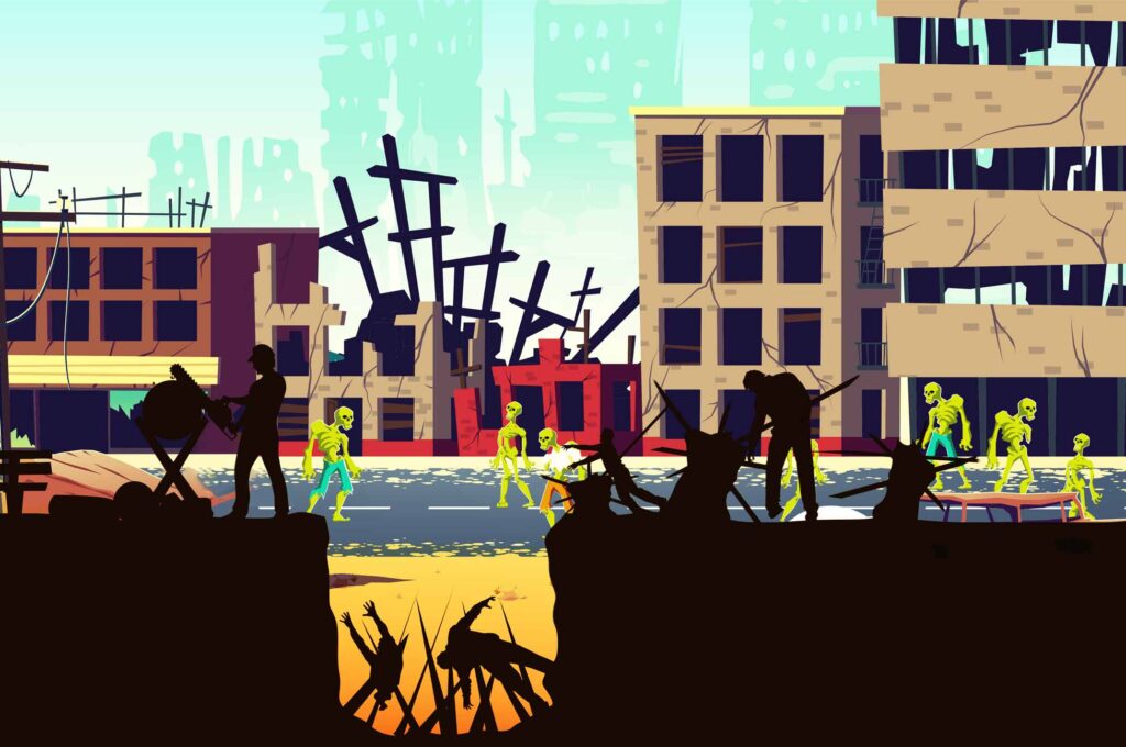Post-apocalyptic city street with zombies and ruined metal buildings