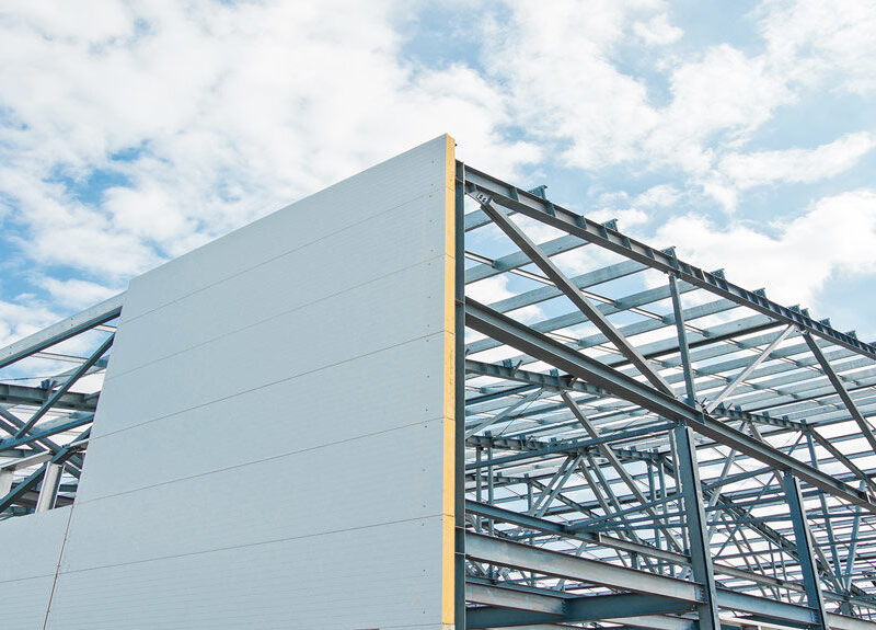 Steel commercial metal building under construction