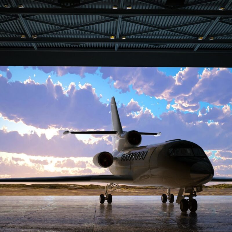 Aircraft parked inside a steel aviation hangar with open doors