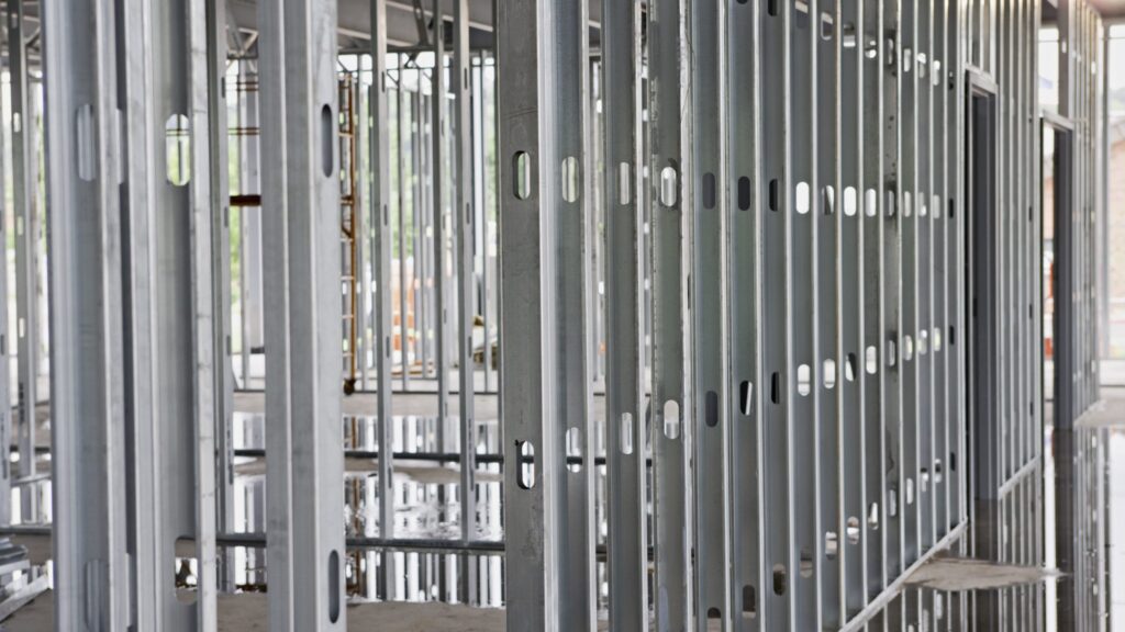 Metal building steel framing under construction