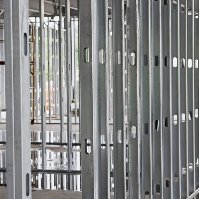 Metal building steel framing under construction