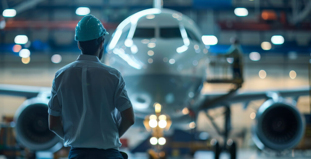 Airplane in aviation hangar with worker in hard hat