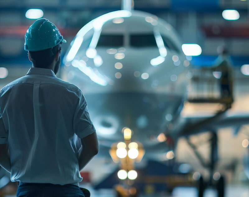 Airplane in aviation hangar with worker in hard hat