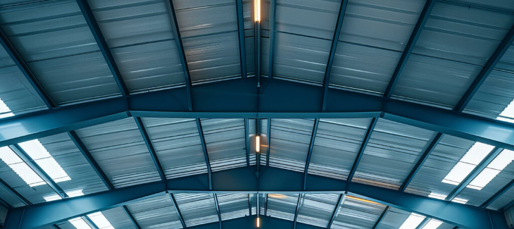 Interior steel building roof trusses and skylights