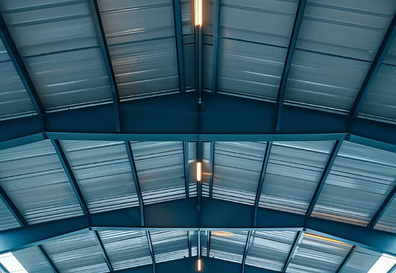 Interior steel building roof trusses and skylights