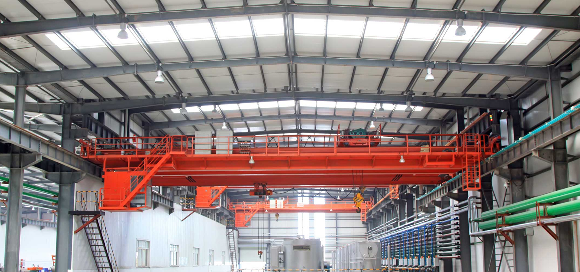 Interior of a steel metal building with overhead crane systems