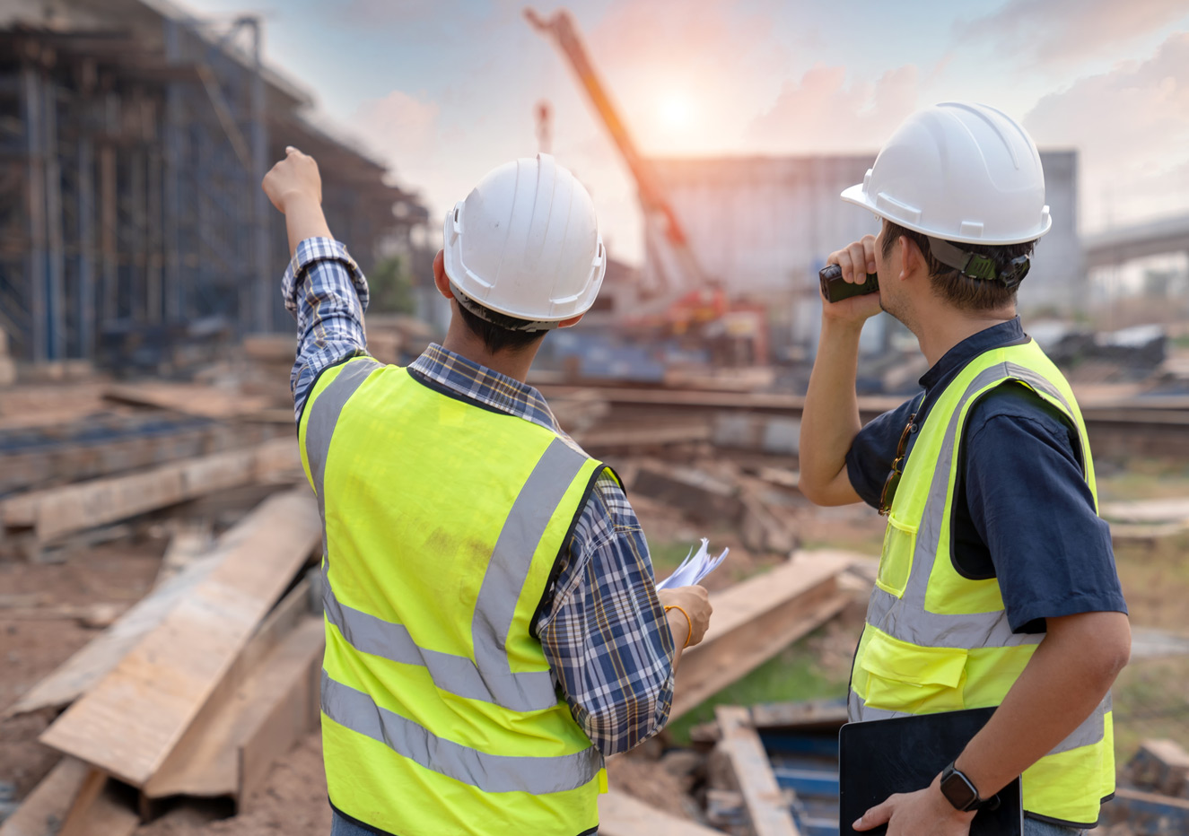 Workers inspecting a steel building construction site