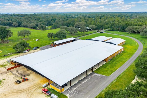 Aerial overview of a steel horse arena facility built for long-term performance