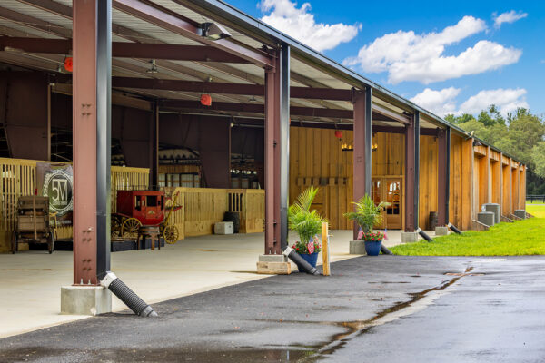 Exterior of a metal horse barn designed for long term equestrian use