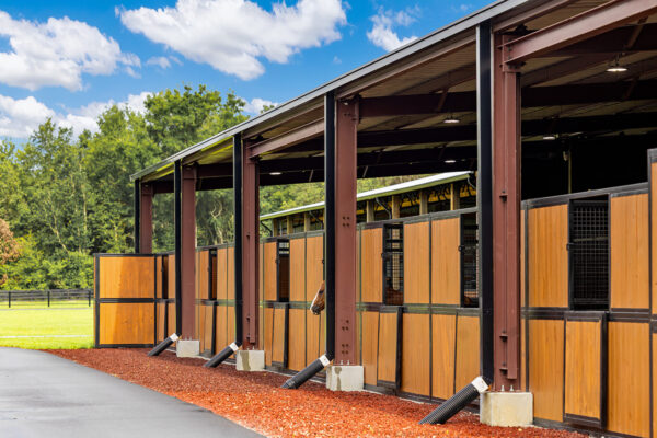 Metal horse barn stall layout within a steel equestrian building