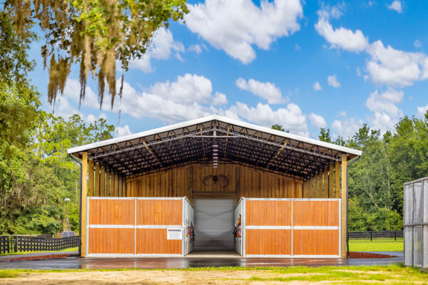 Equestrian metal building exterior designed for durability and functionality