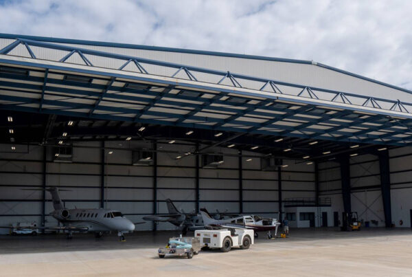 Aircraft hangar for small planes, steel building exterior
