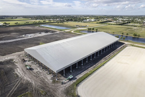 Aerial shot of large scale covered riding arena taking shape in Wellington Florida
