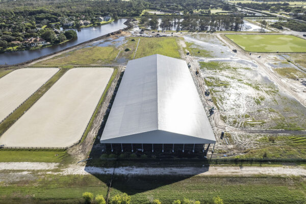 High angle view of the Wellington International arena construction within the surrounding campus