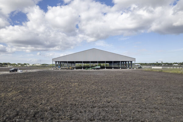 Straight on view of the Wellington International covered arena during construction