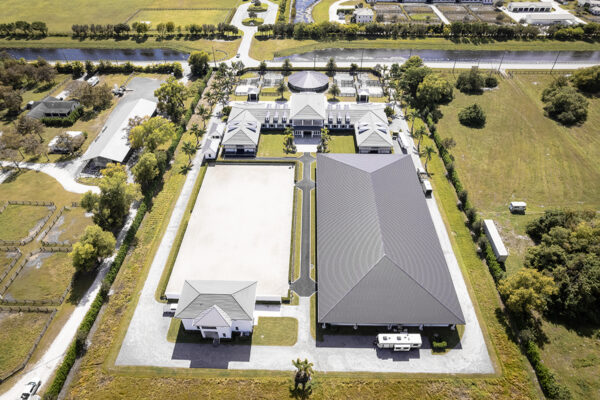 Aerial steel riding arena at Donato Farms in Wellington Florida
