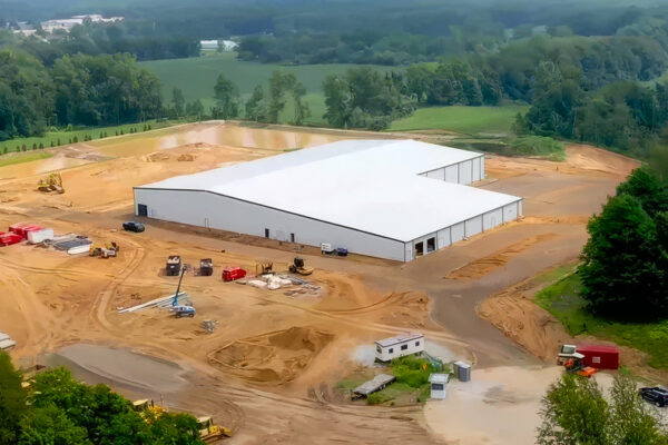 Aerial view of full construction agriculture steel building
