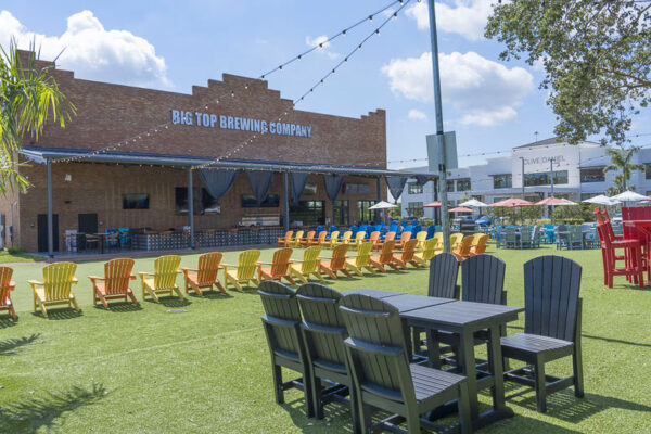 Exterior brewery building designed as a community gathering space