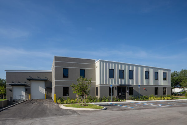 Exterior steel industrial building for Gulfshore Playhouse Production Cent