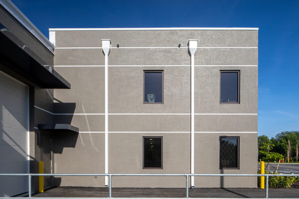 Exterior metal industrial building designed for theatrical production use