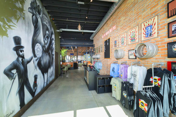 Interior brewery space combining restaurant and retail space
