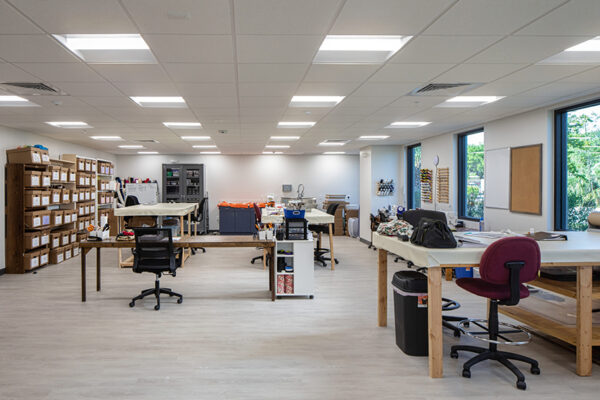 Interior office space inside prefabricated industrial building