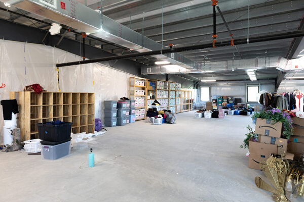 Interior of a pre engineered metal building with storage area