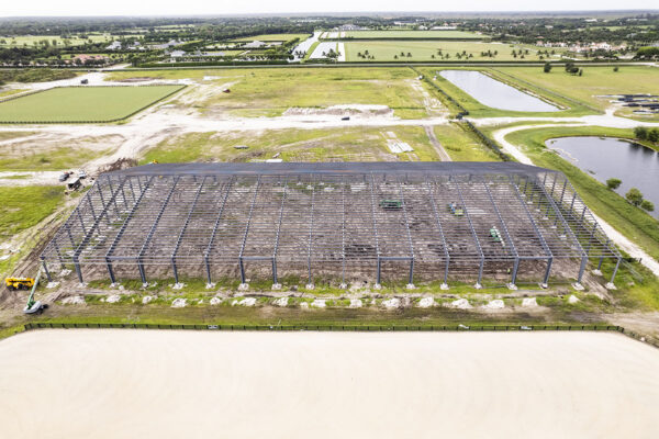Overhead view of steel framing for Wellington International’s new equestrian arena