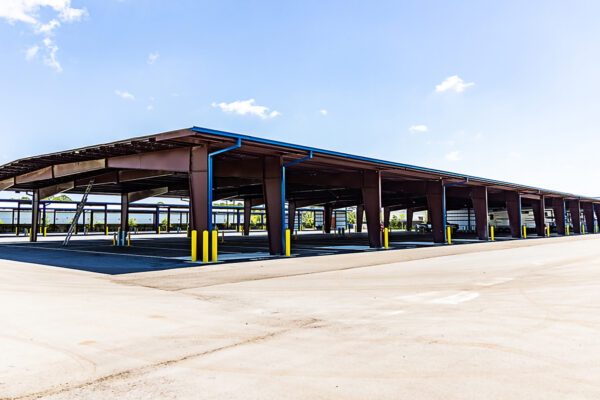 Pre engineered metal building with open bays and loading dock