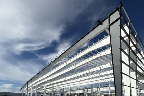 Steel commercial metal building frame under construction
