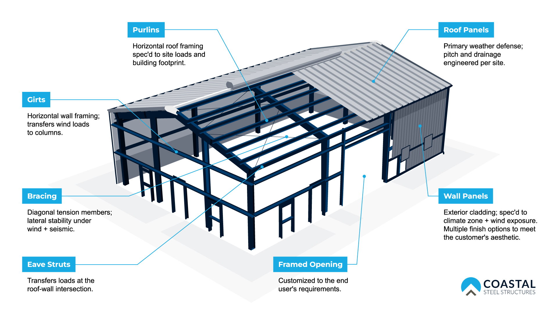 Annotated steel building frame with roof panels, wall panels, and bracing details