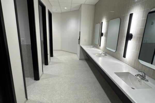 Finished restroom vanity inside the Ruby-Collins metal office building in Smyrna, GA